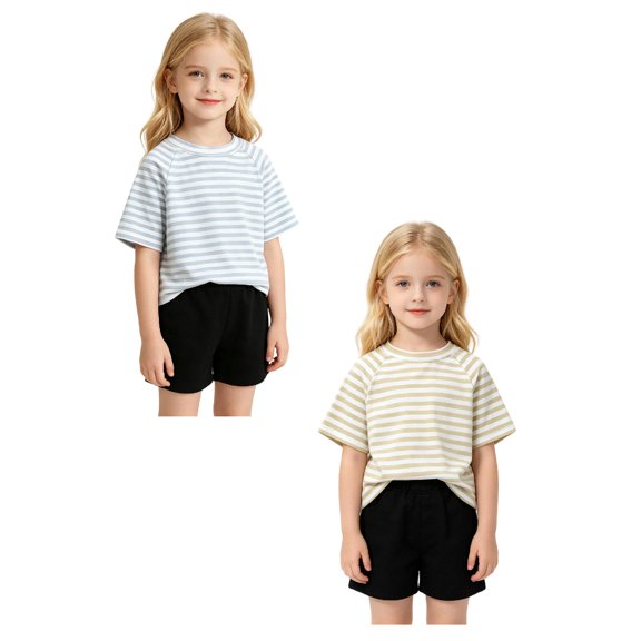 SGMVNU 2 Pack Girl's Striped Shirt Drop Shoulder Short Sleeve Casual Loose Tee Baby Toddler Kids Summer Outfits, Size 2-3 Years, Light Blue & Light Yellow