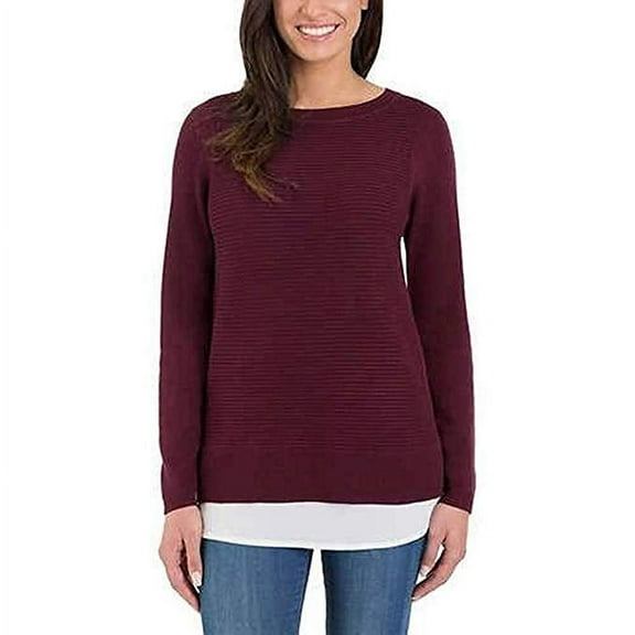 Hilary Radley Women's Long Sleeve 2-fer Two-Fer Sweater, Wine, Small - NEW