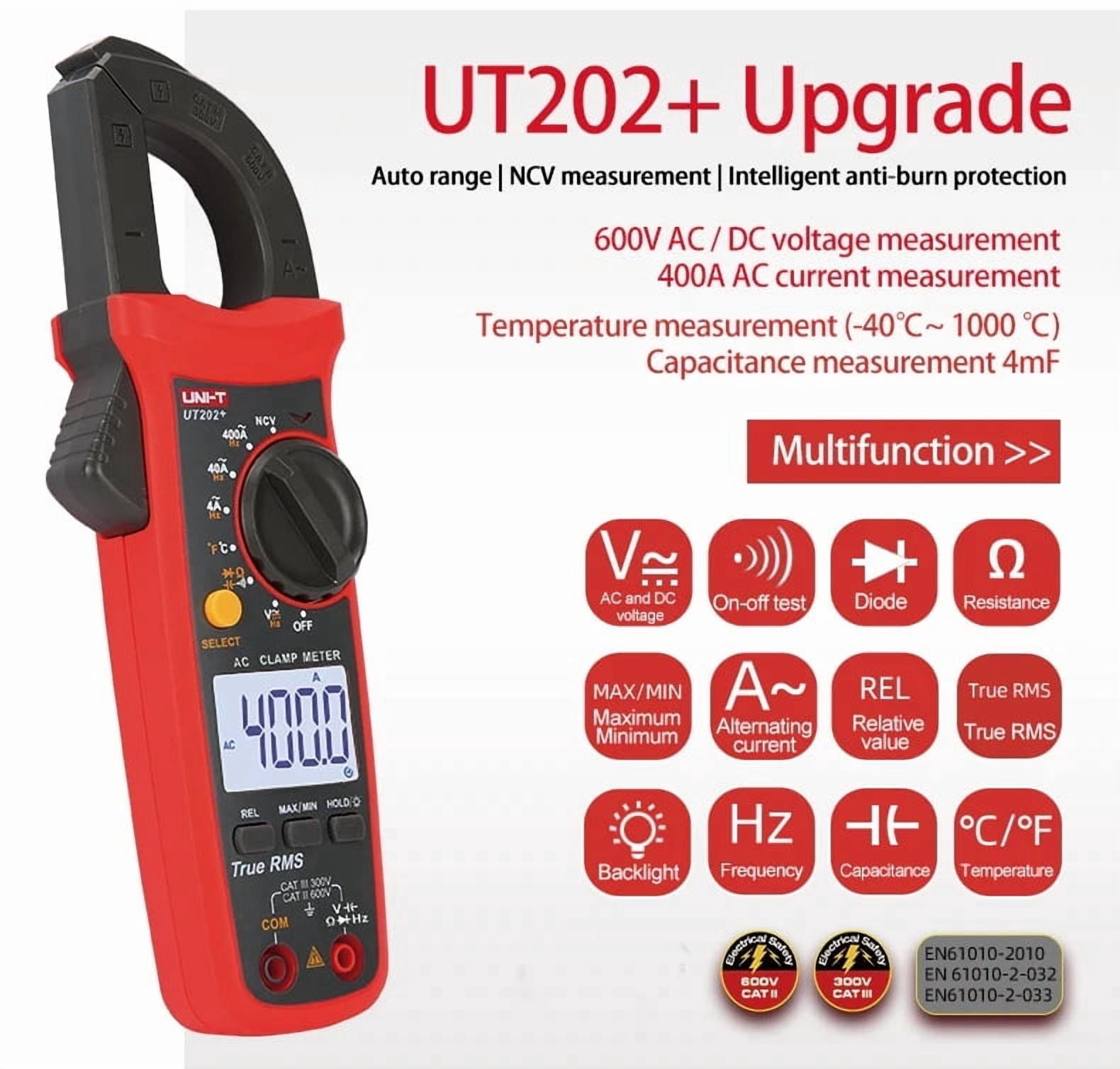 UNI-T 4000-Count Digital Clamp Multimeter UT202+ True RMS Clamp Meter 600V AC/DC Voltage,AC Current,NCV Capacitance Resistance Temperature Tester for Home Automotive DIY
