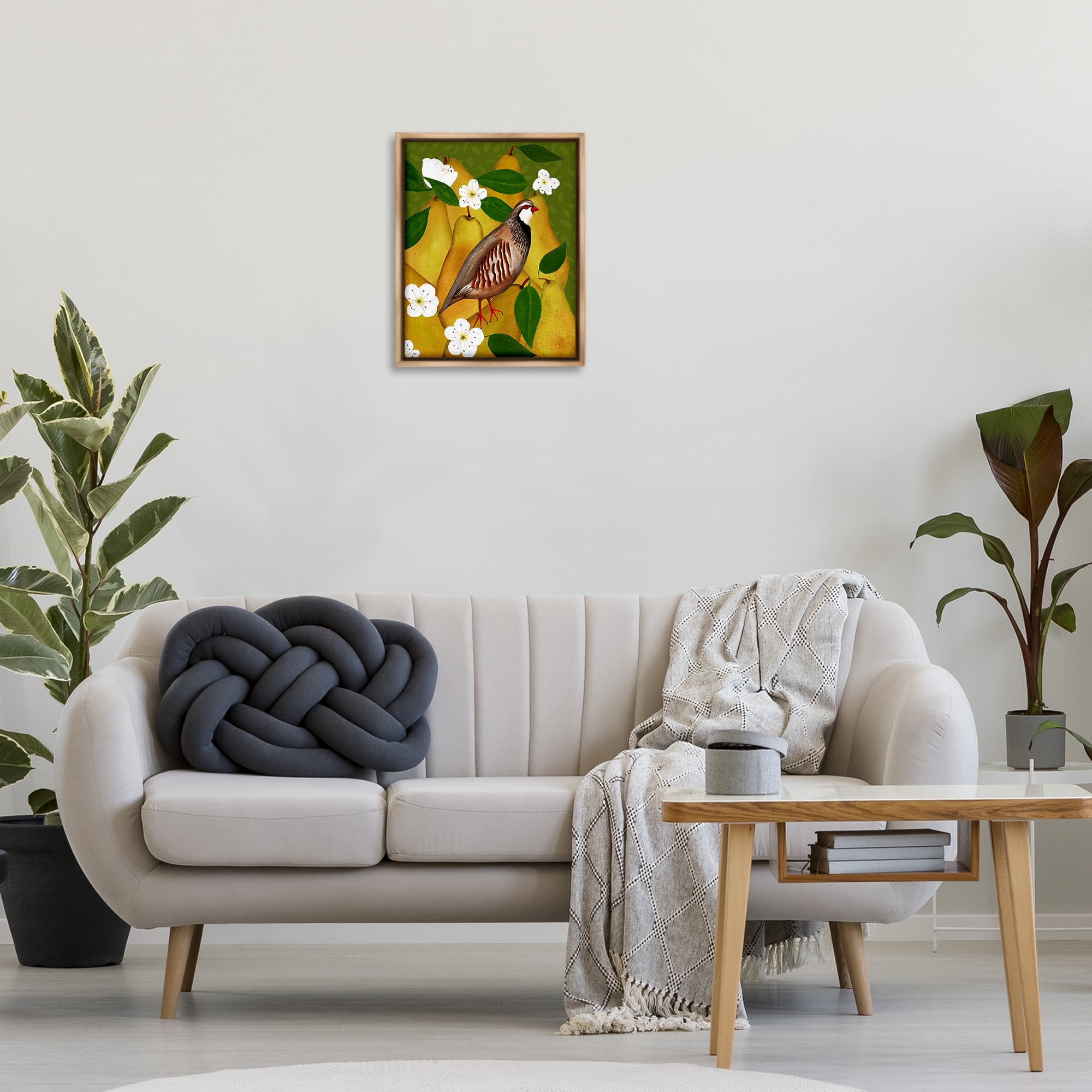 Stupell Industries Partridge Bird & Pears Food & Beverage Painting Brown Floater Framed Canvas Art Print Wall Art, 17 x 21