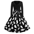 thumbnail image 2 of Halloween Dresses for Women Bone Hepburn V-Neck Fashion Dresses Witch Hat Printed Long Sleeve Classic Tea Length Dress with Belt M, 2 of 5
