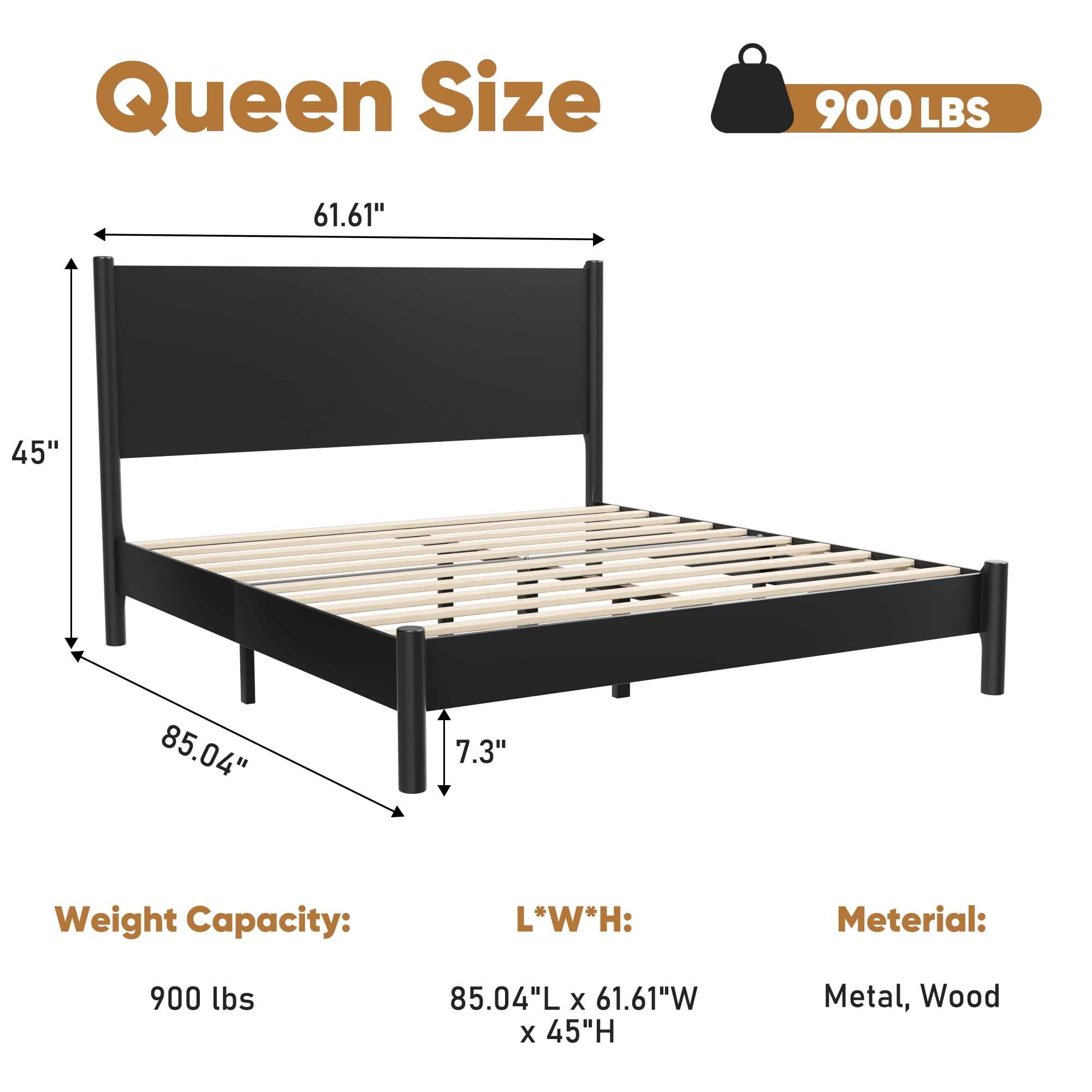 Frostbloom Queen Size Solid Wood Platform Bed Frame, with 7.3'' Under-bed Storage, Black