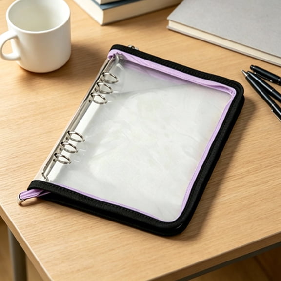 AuroraX Zipper Binder Loose Leaf Binder A6 Size Clear PVC Two-Color Soft Cover Office Supplies Black