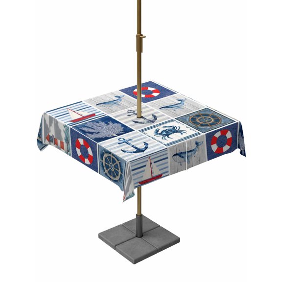 Outdoor Tablecloth with Umbrella Hole for Patio/Picnic/Party/Camping, Nautical Coastal Waterproof Table Cloth Square Cover Washable, Ocean Anchors Animals Starfish Shells Blue (60"x 60")