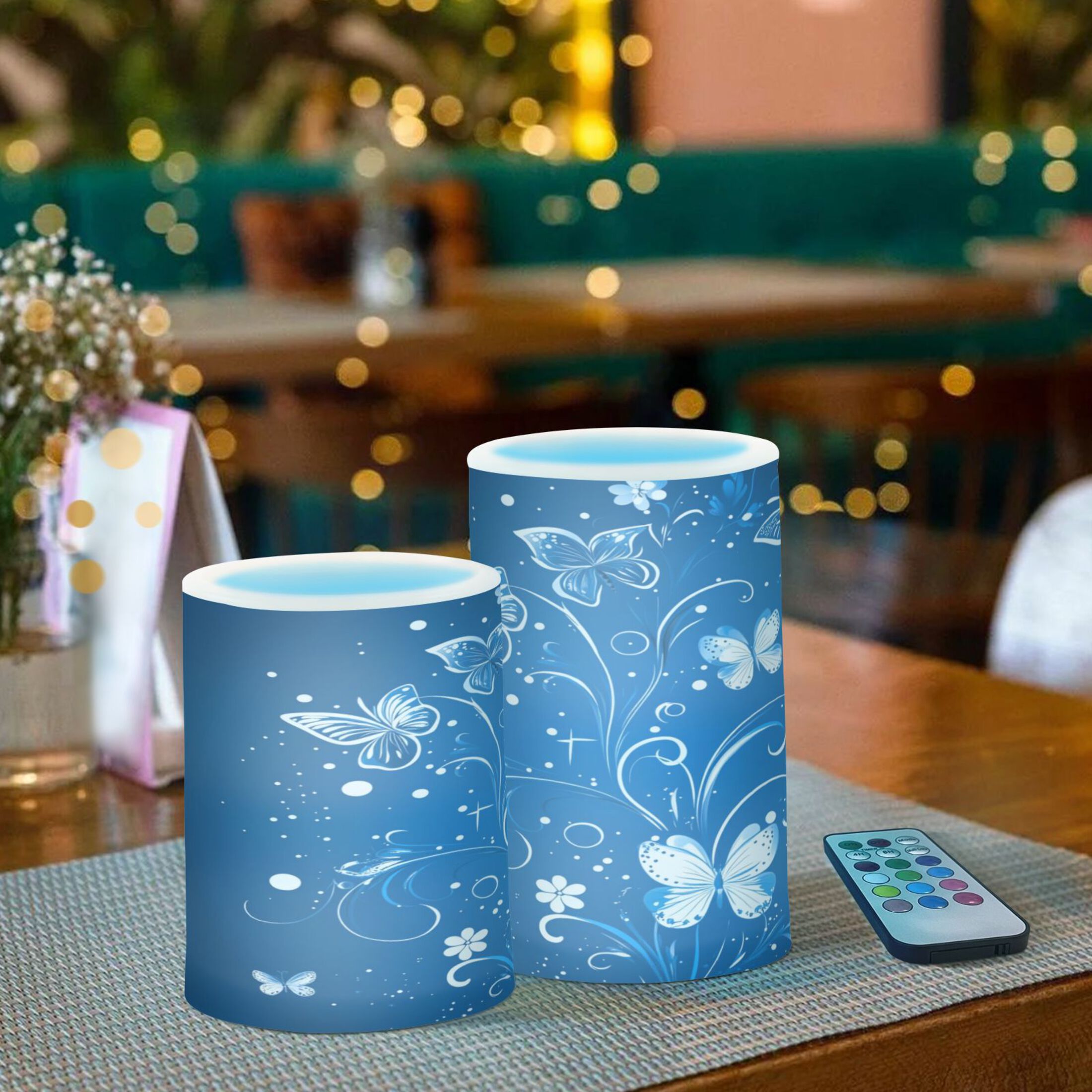 Flameless Candles Lights, Pack of two LED Lights, Dimmable LED Pillar Candles Battery Operated, Flames Remote Control White Butterfly