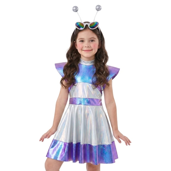 RUINIXCW Girl Alien Metallic Dress Antenna Headband and Rainbow Glasses, 3 Piece Robot Cosplay Set for Halloween Party