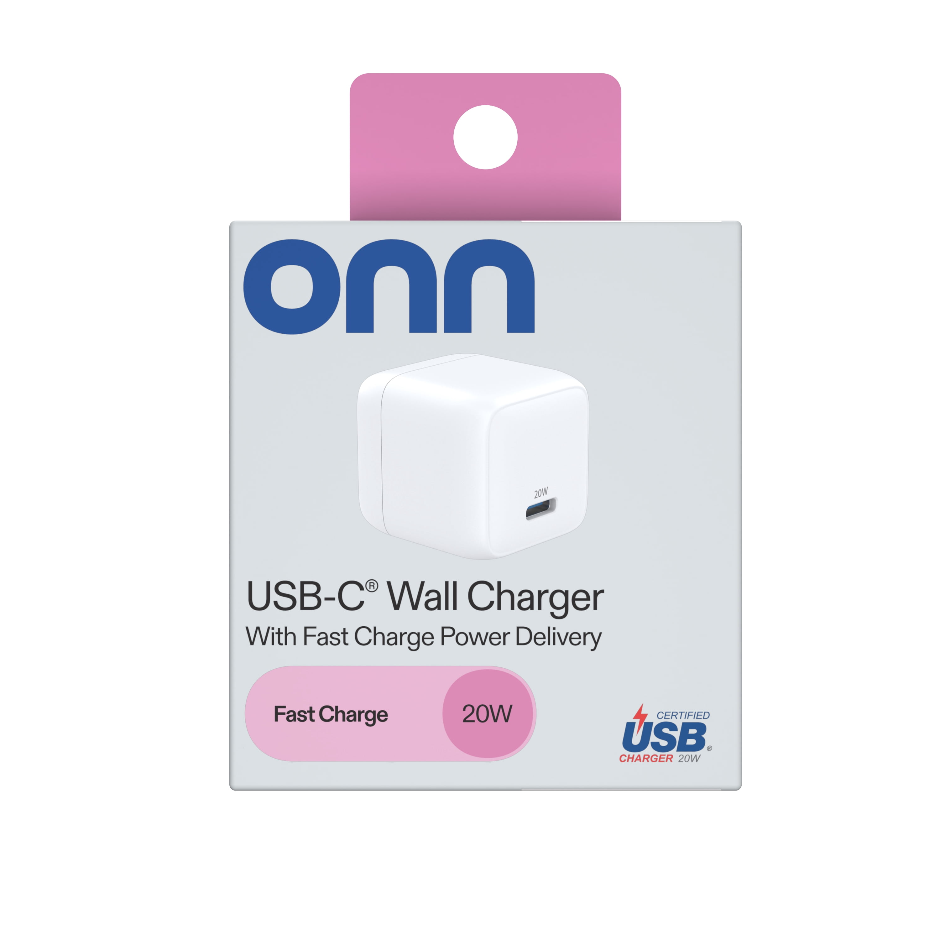 (2 pack) onn 20W Single USB-C Port Wall Charger, Fast Charging, USB-IF Certified, Foldable Plug, White