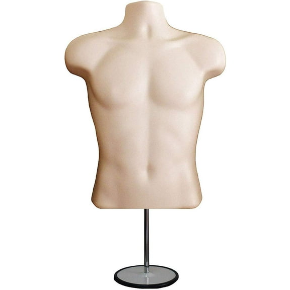DisplayTown Flesh Male Mannequin Hollow Back Body Torso Set w/ Metal Stand with Metal Pole & Hanging Hook, S-M Sizes