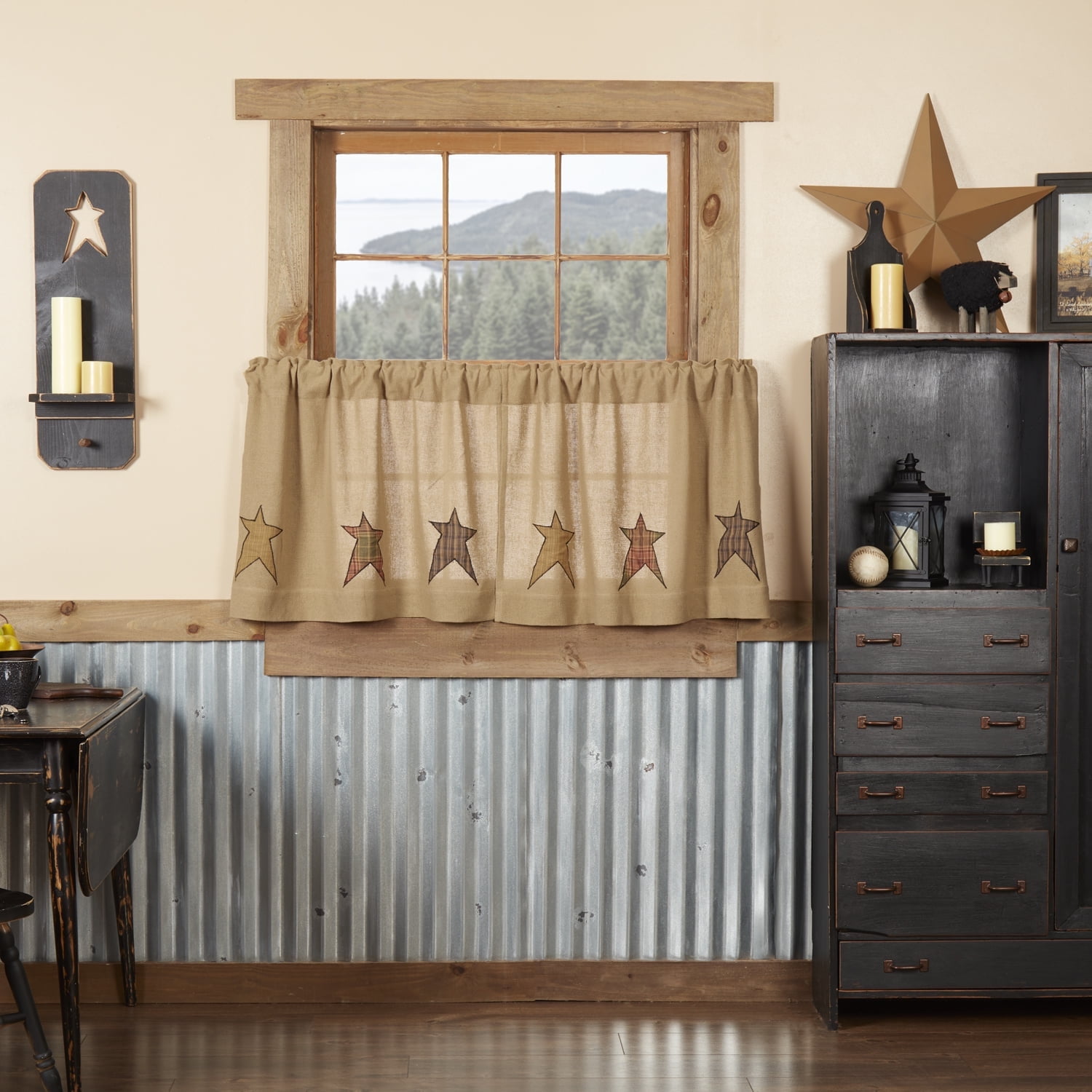 VHC Brands Stratton Primitive 24"x36" Burlap Star Tier Pair Tan Rod Pocket Appliqued Cotton Kitchen Window Curtains