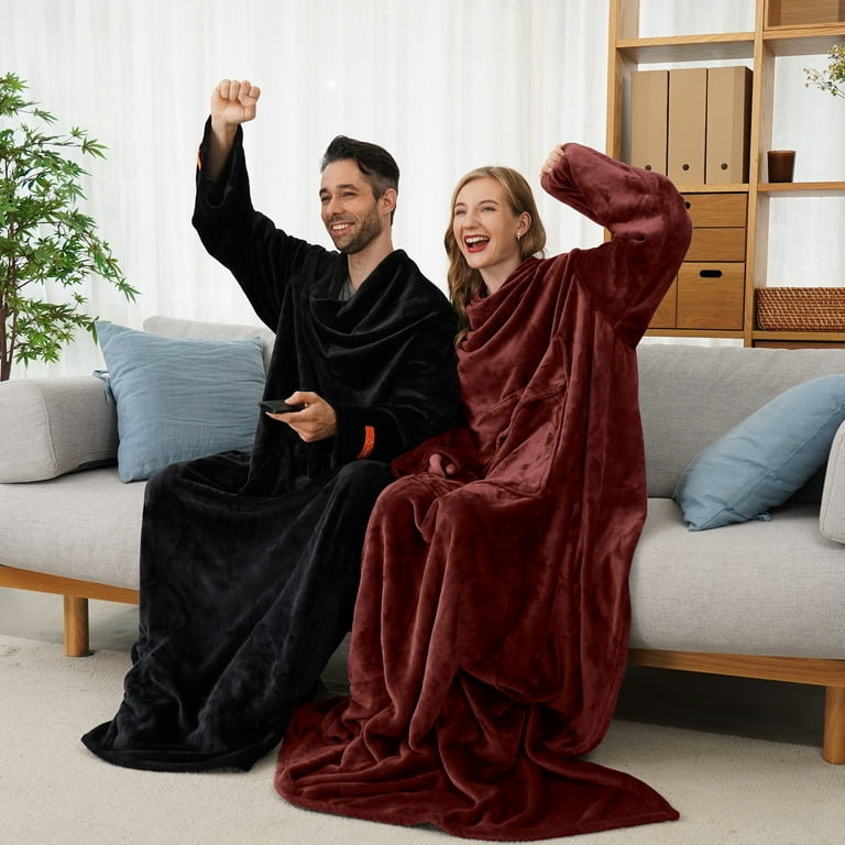 Winthome Flannel Wearable Blanket Large Soft Fleece TV Throw Wrap Robe  Blanket with Sleeves u0026 Feet Pockets Comfy Warm Full Body with Pocket Red  55.1X70.8 - Walmart.com