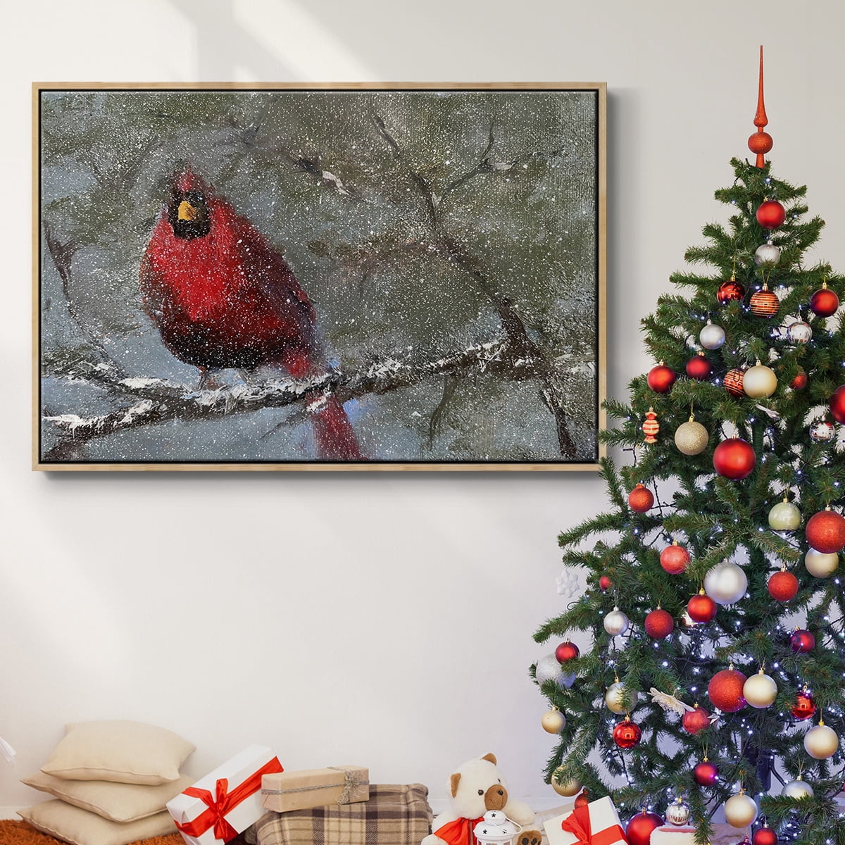 Cardinal in Snow I - Framed Gallery Wrapped Holiday Canvas - 25 x 37 - Natural Wood Frame