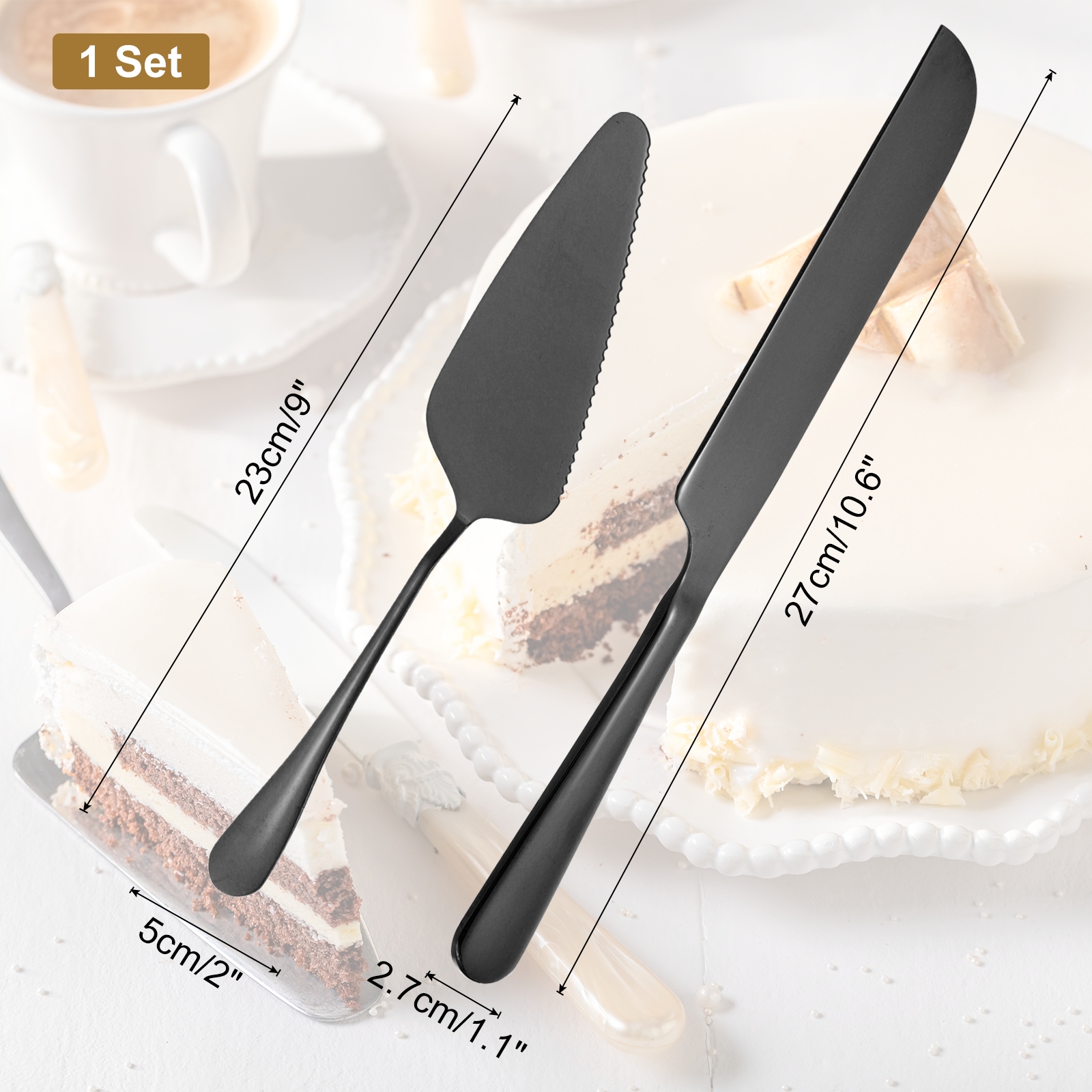 Unique Bargains Elegant Cake Knife and Server Set for Birthday Party Gift Black