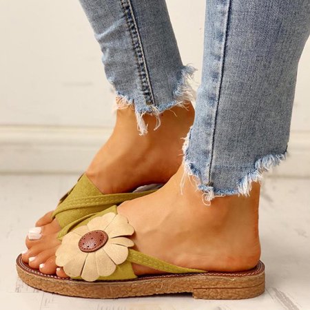 

MRULIC slippers for women Summer Women Ladies Casual Flat Retro Slippers Flower Shoes Sandals Flip Flops house slippers for women Yellow + US:8