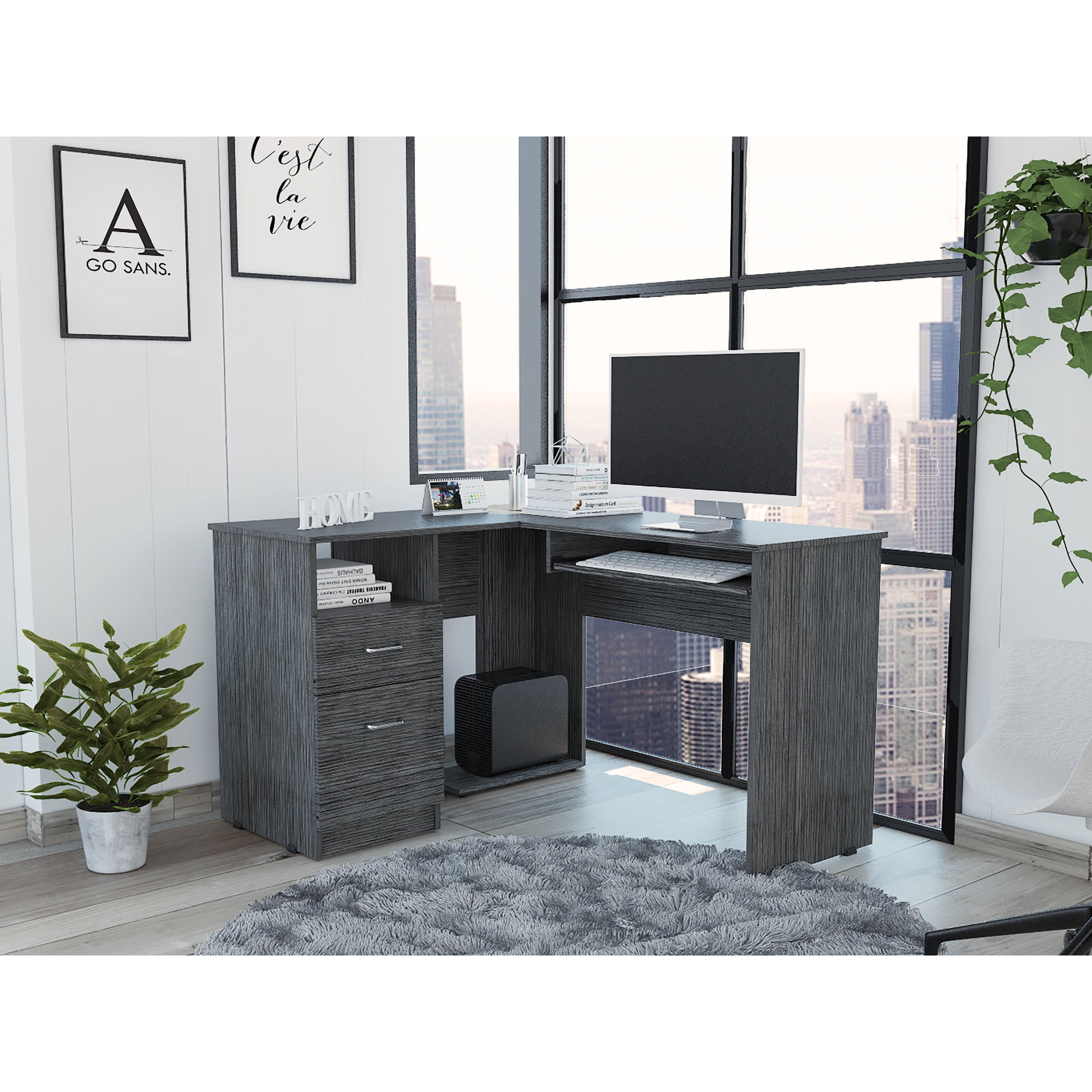 Mix LShaped Desk, Keyboard Tray, Two Drawers, Single Open Shelf