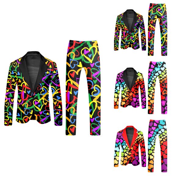 Men's Rainbow Long Sleeve Two Piece Suit with Jacket Trousers Tie Printed Button Pockets for Holiday Party Events
