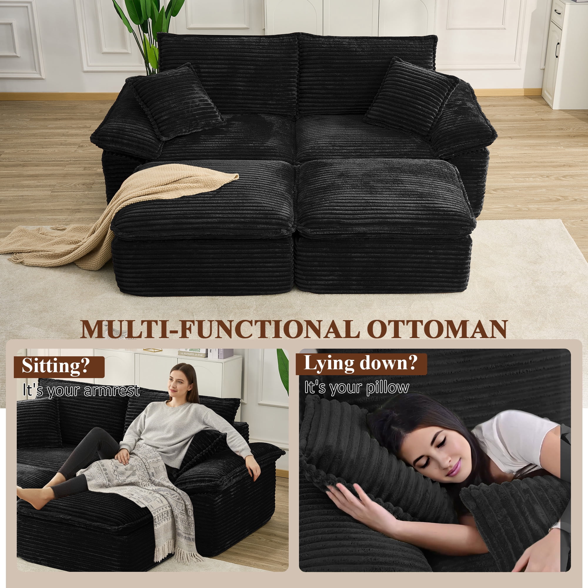 Leumius 81" Convertible Sectional Sofa, Oversized Corduroy Cloud Couch with 2 Movable Ottoman, Comfy Boneless Couch Bed for Living Room Apartment Office, No Assembly,Black