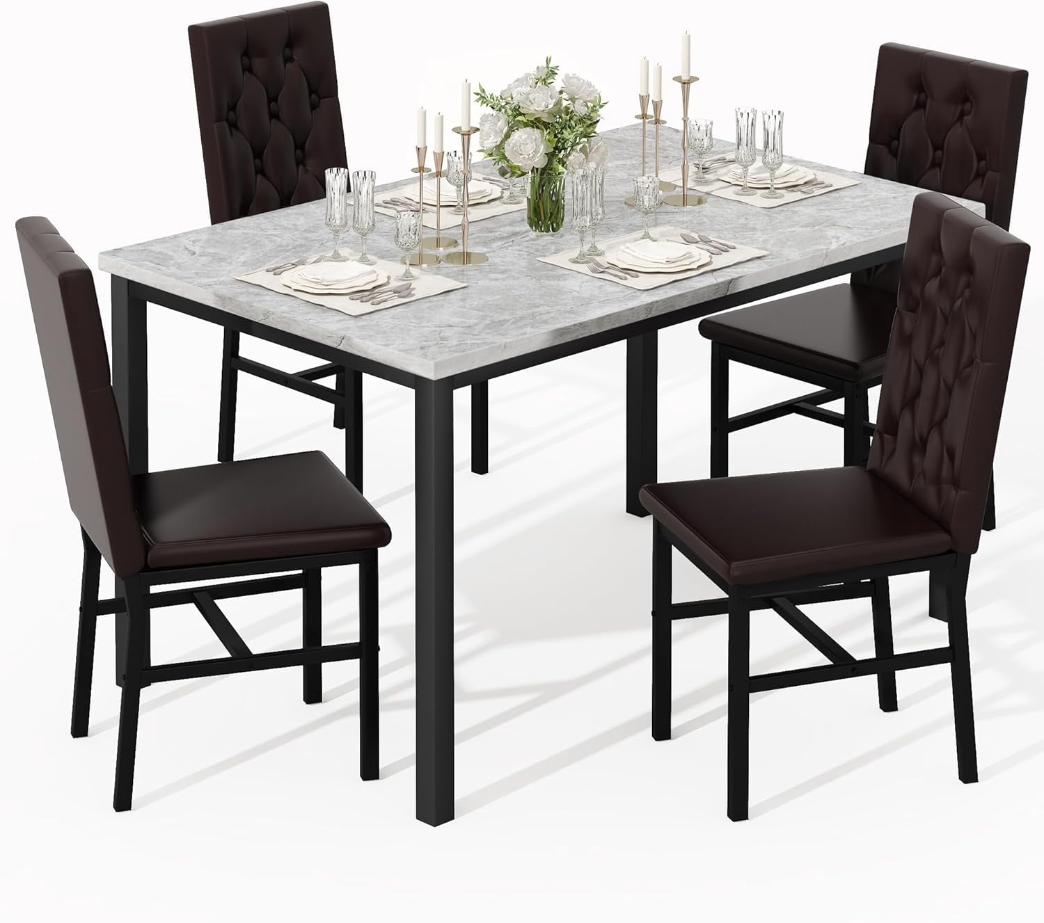 Baxluxe four-person dining table and chair set, marble kitchen dining table and chair set, equipped with leather cushioned dining chairs, suitable for kitchens and restaurants, apartments brown/grey