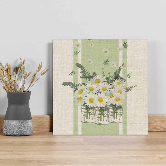Spring Floral Daisy Wall Art Painting on Canvas, Leaves Linen Printed Canvas Art Home Prints Wall Art Framed Modern Artwork for Living Room Bedroom Wall Decor 8x8in