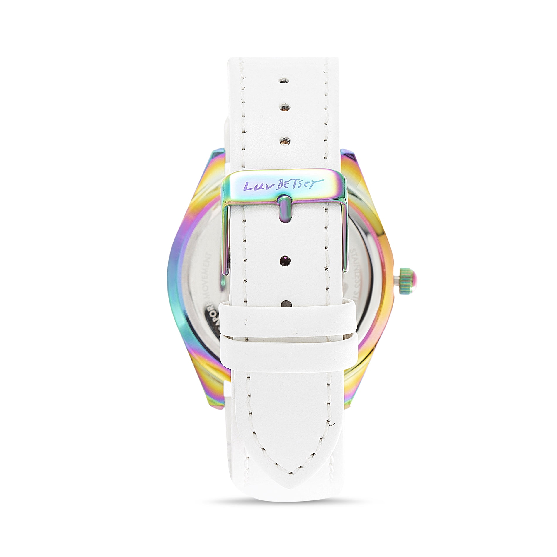 Luv Betsey Women's Sunray Evil Eye Art Dial with Oil Slick Case and White Strap Women's Watch