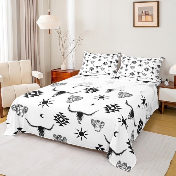 Feelyou Hippie Bohemian Aztec Full Size Sheets, White Black Triangle Bed Sheets, Southwestern Theme Sheet Sets, Ultra Soft Bedroom Decor, 4pcs