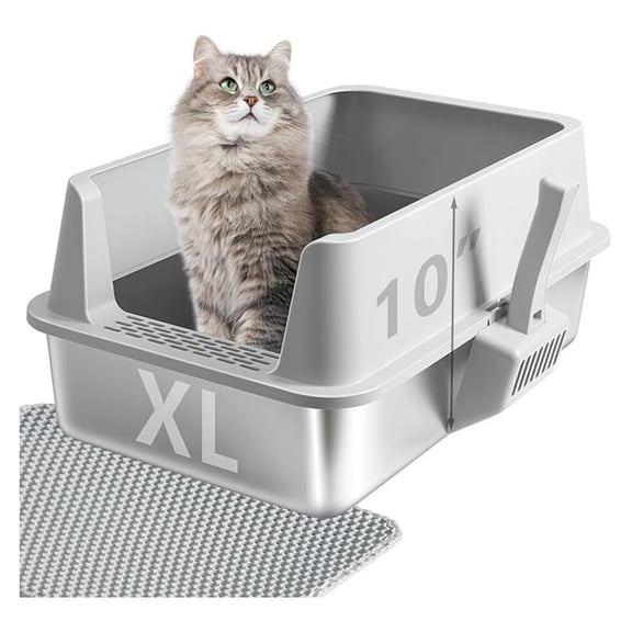 XL Stainless Steel Cat Litter Box with Lid,Metal Litter Box High Sides for Big/Multiple Cats,Open Design,Indoor,1-Mat and 1-,Easy to Clean, No Odor,Anti-Urine Leakage