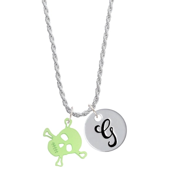 Delight Jewelry Acrylic Small Lime Green Skull Silvertone Script Initial Disc - G - Charm Necklace, 20"+3"
