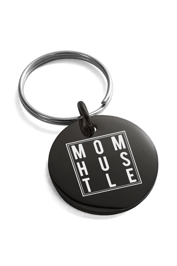 Black Stainless Steel Mom Hustle Small Medallion Circle Charm Keychain Keyring