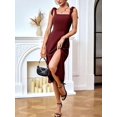 thumbnail image 4 of Burgundy Womens Square Neck Tie-Shoulder Midi Dress With Side Slit For Wedding Guest Or Party, 4 of 5