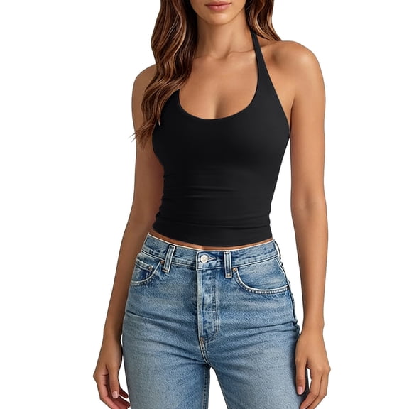 Landzoo Vest For Women Solid Color Sleeveless Halter Undershirt Summer Breathable Women Tank Tops Size L Black
