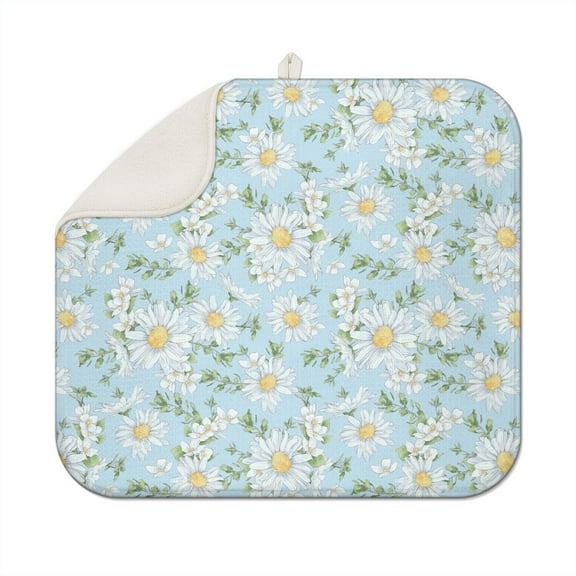 Microfibre Drying Mat for Kitchen Daisy Flower Watercolor Dish Drying Drainer Mat Absorbent Drying Mat Washing Up for Glass, Plate & Cup 16inch X 18inch