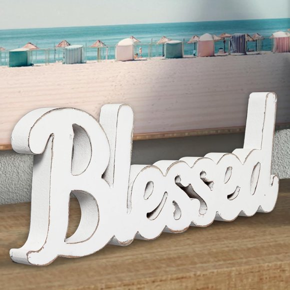 Sintosin Rustic White Wooden Blessed Sign for Tabletop 15", Wall Hanging Farmhouse Blessed Signs for Home Decor, Handmade Thanksgiving Signs Decor, Christmas Signs for Living Room Bedroom Fireplace