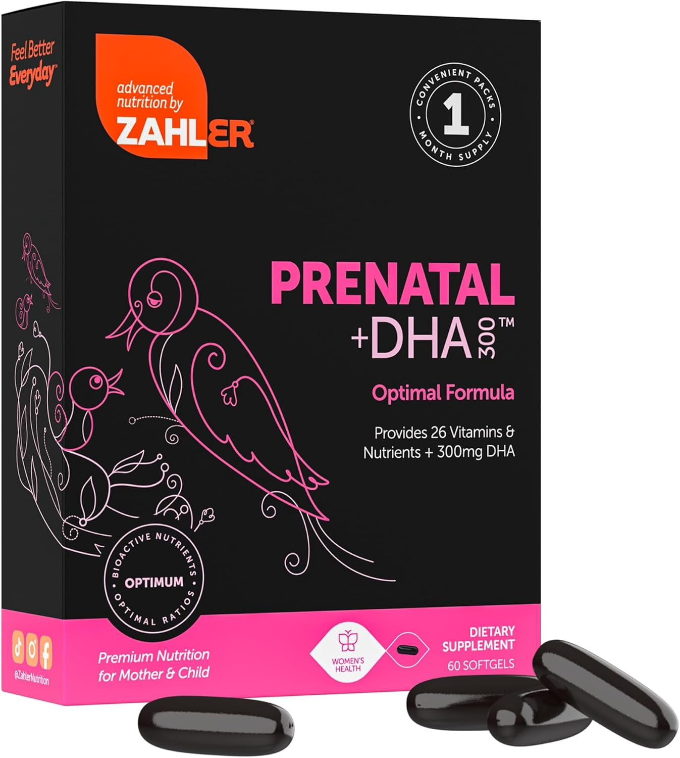 Zahler Prenatal DHA Prenatal Vitamins for Women with DHA & Folate, 60 Unflavored Softgels