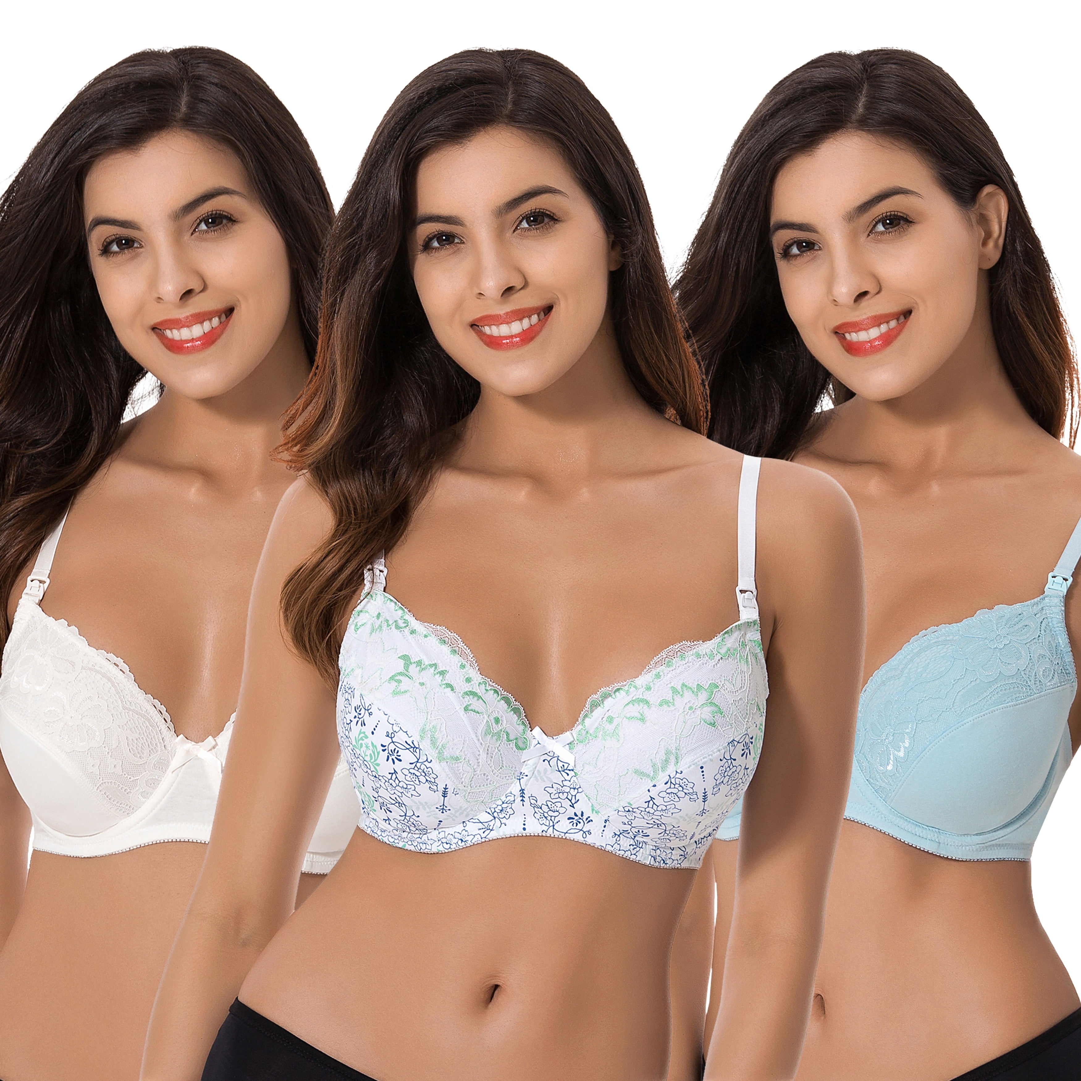 Curve Muse Plus Size Nursing Underwire Bra with drop-down cups (Pack of  3)-WHITE PRINT,LIGHT BLUE,CREAM-46D 