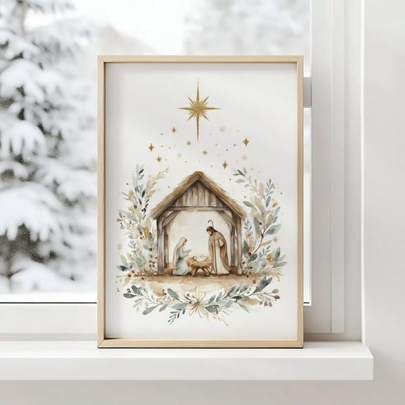 Religious Christian Manger Painting, Nativity Scene Wall Art Print – Holy Family Christmas Artwork with Baby Jesus and Bethlehem Star, 8x12 UNFRAMED