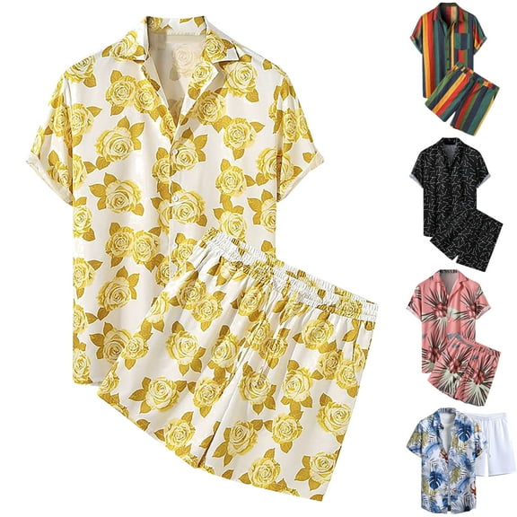 VBTAPA Mens Hawaiian Sets Short Sleeve Aloha Button Down Shirt Drawstring Beach Shorts 2 Pieces Summer Vacation Outfits Lightning Deals of Today Pink XXXL