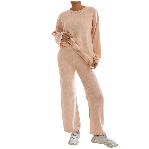 HAiming 2 Piece Outfits for Women Knitted Pullover Sweater Tops and Wide Leg Pants Loungewear Lounge Fall Winter Sets
