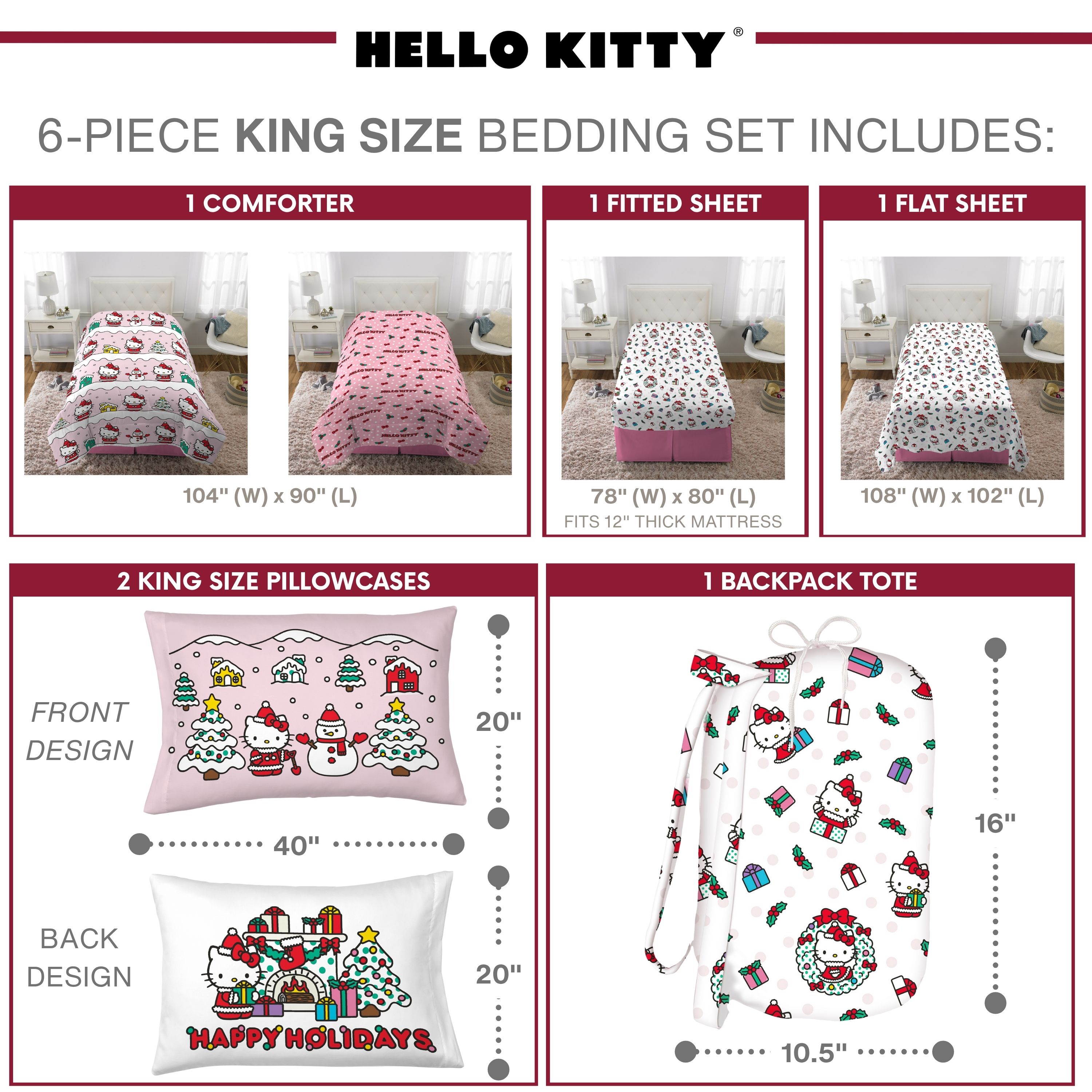 Hello Kitty Holiday Kids 6 Piece Reversible Comforter, Bed in a Bag, King
