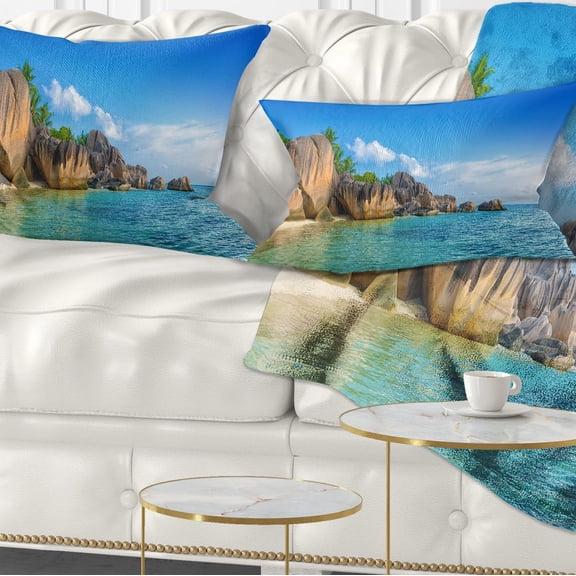 Designart Fantastic Seychelles Seashore - Seascape Throw Pillow - 12x20