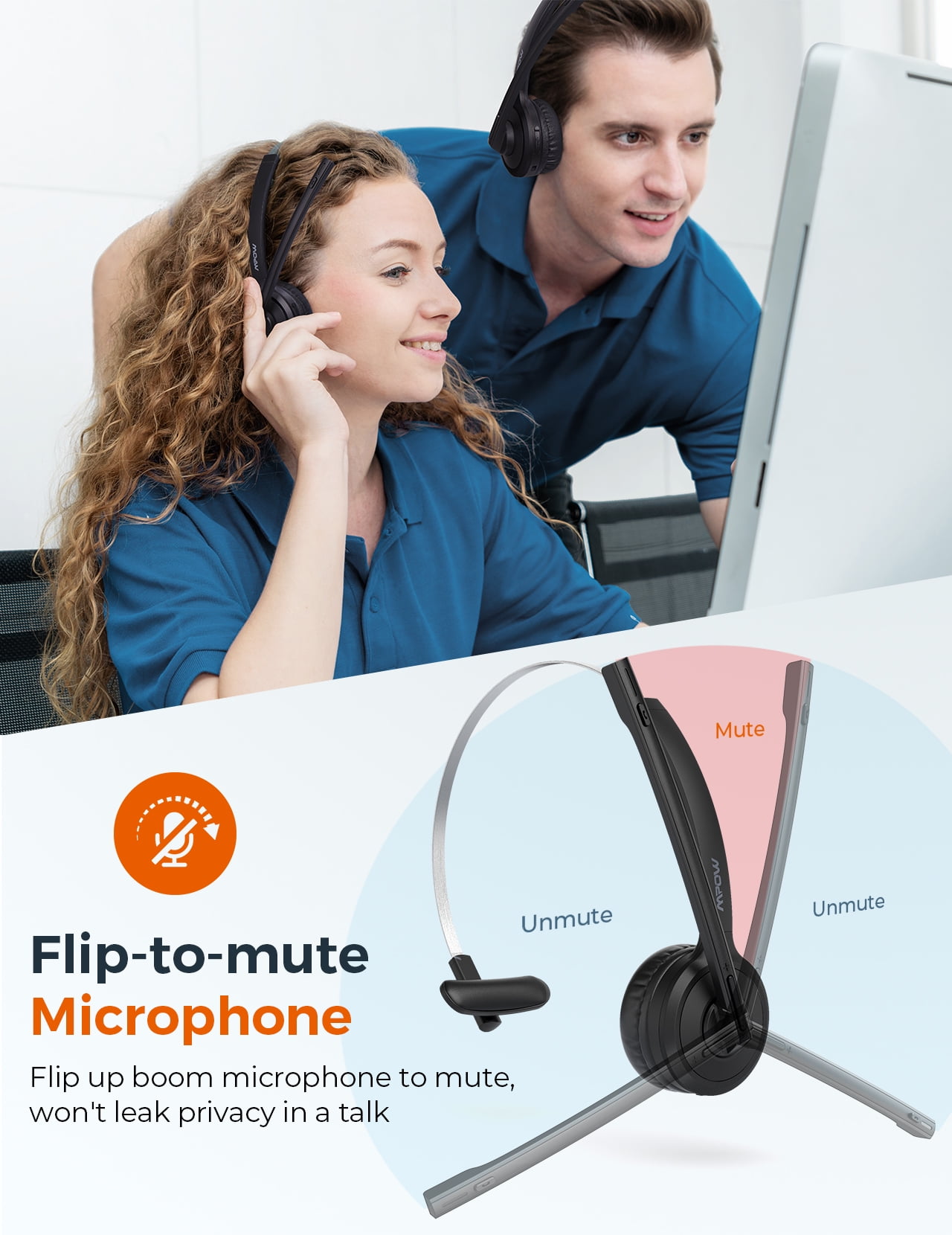 VTIN Trucker V5.0 Bluetooth Headset with 200H Charging Station, Over The Head Cell Phone Headset with Noise-Canceling Microphone, Comfort-fit Truck Driver Headset for Call Center, Office, Skype