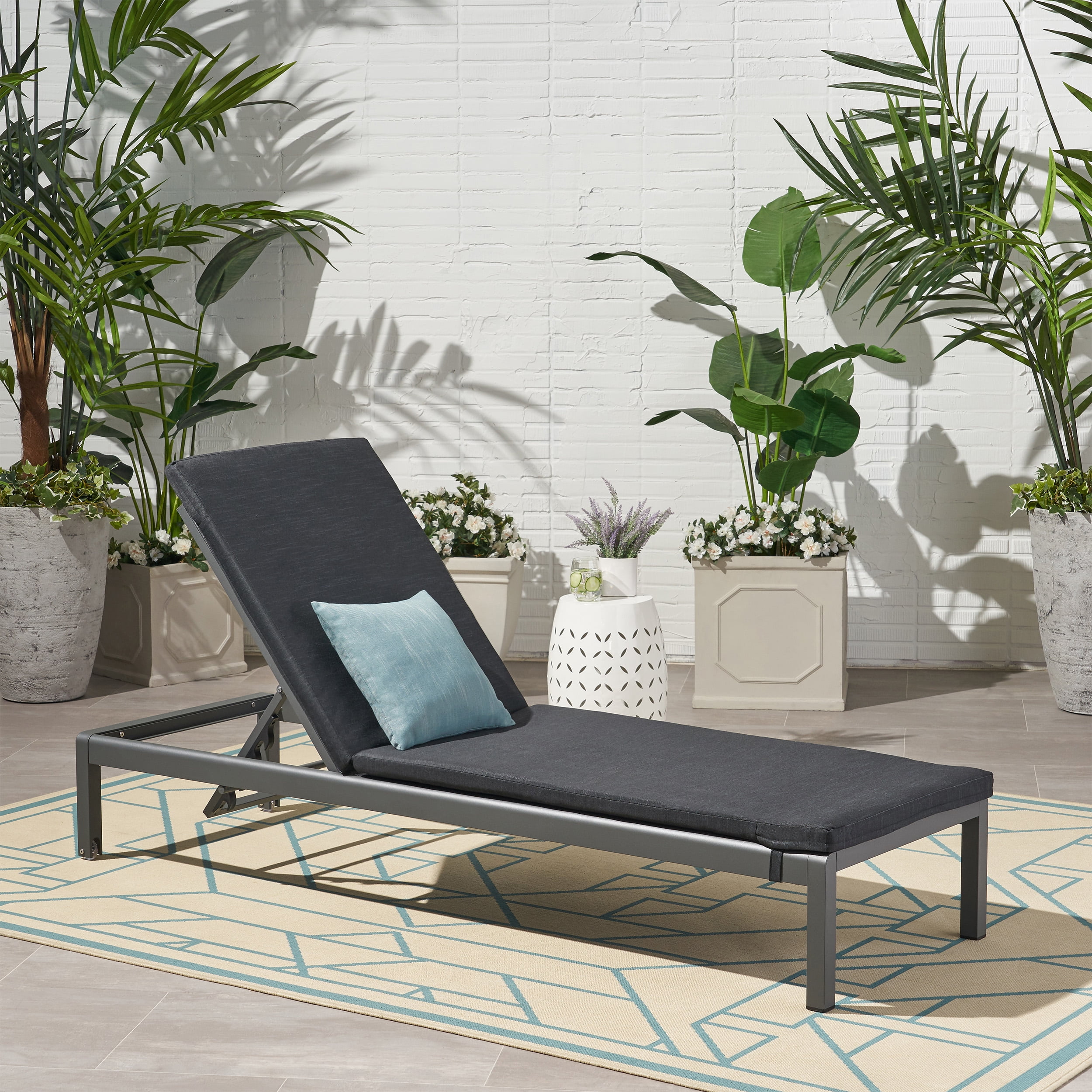 Bridget Outdoor Chaise Lounge with Cushion, Dark Gray