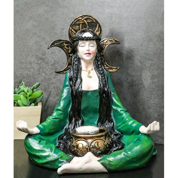Wicca Witch Meditating With Triple Moon Sign And Cauldron Votive Candle Holder