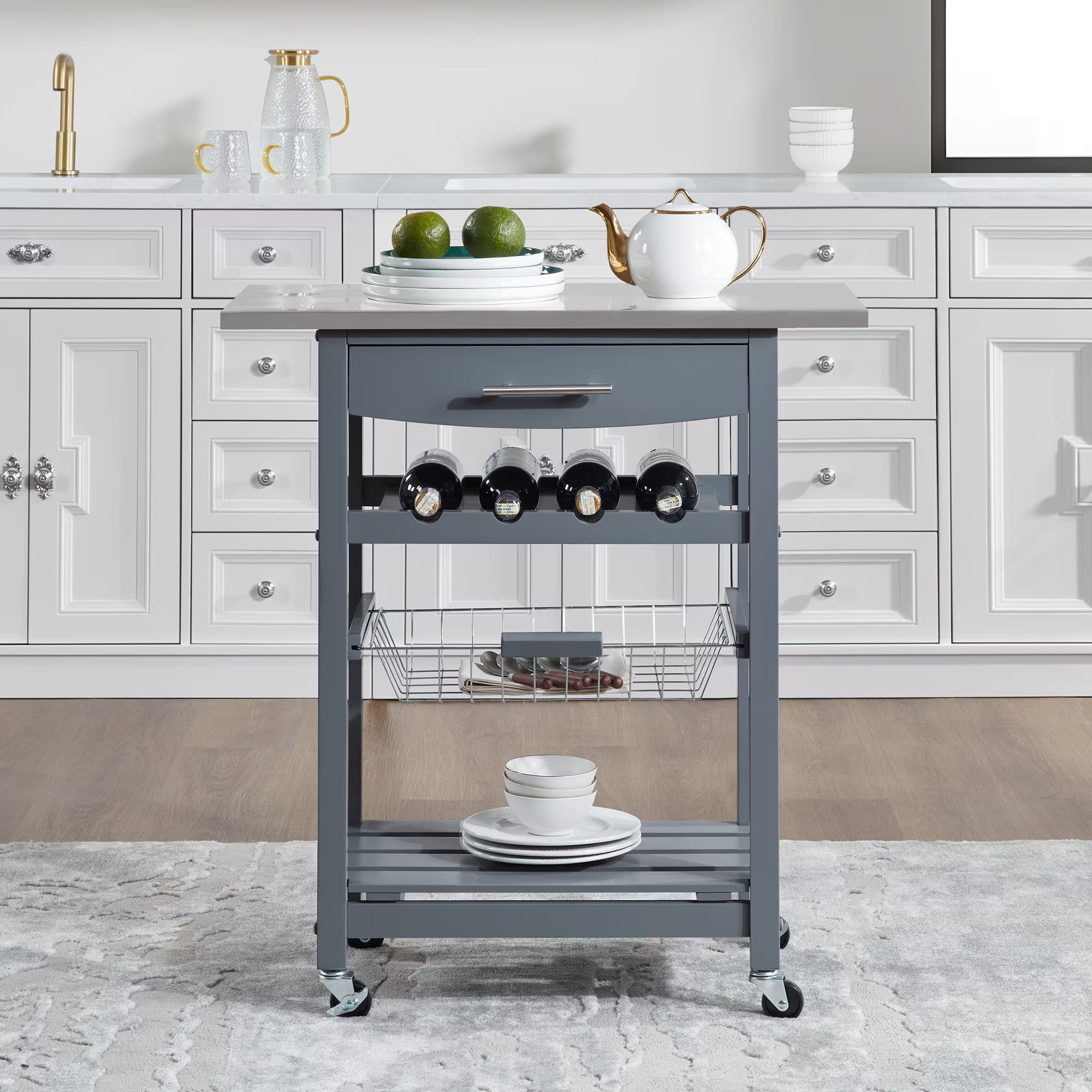 Avobird Kitchen Island Cart, Mobile Kitchen Cart with 30inch Stainless Steel Countertop/Underneath Drawer/Slide-Out Wire Storage Basket, Gray