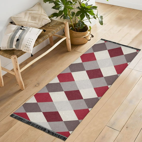 Ryvnso Checkered Grid Pattern Bedroom Runner Rug 2'x6' Hallway Area Carpet Non Slip Entryway Mat with Tassels