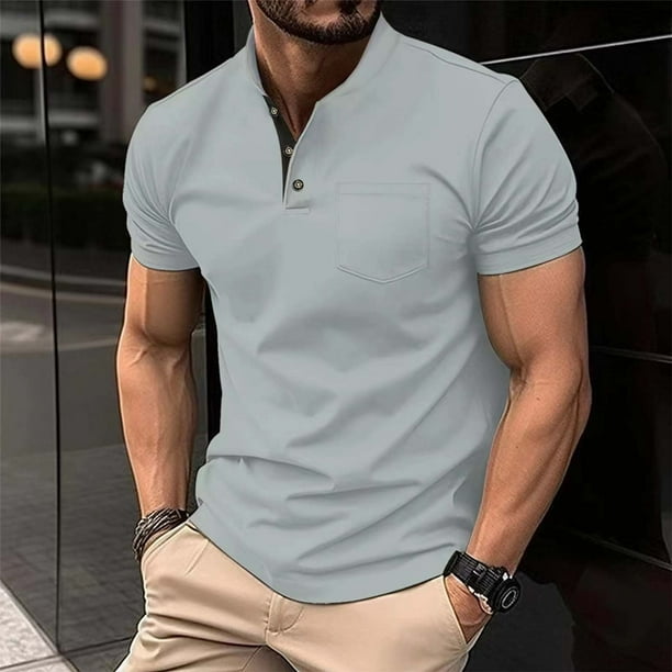 pstuiky camisetas para hombre, Blusa de cuello alto de manga corta con bolsillos y botones de color liso a la moda para hombre camisas casuales para hombre m