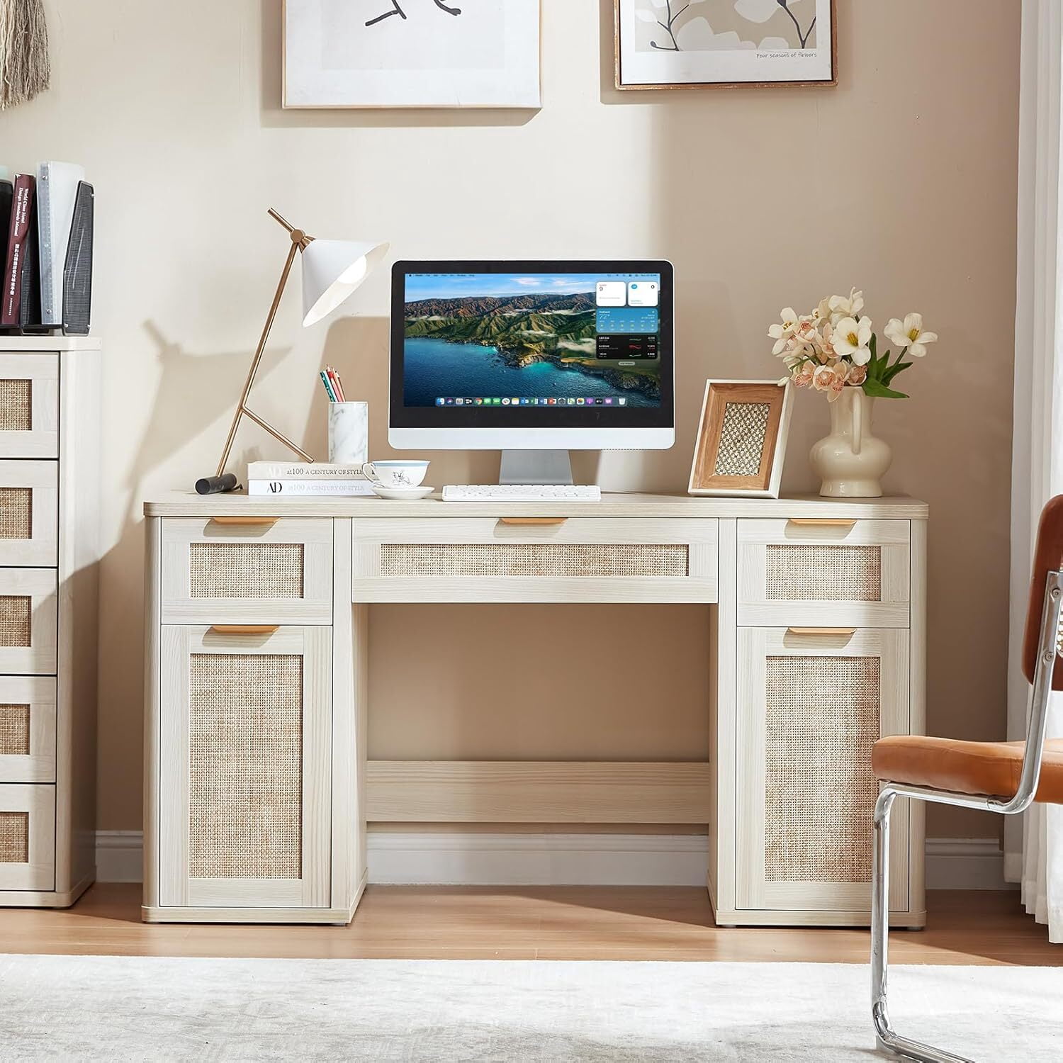 56" Home Office Desk with 3 Drawers & 2 Cabinet, Modern Computer Desk with Small Space, Corner Computer Desk, Grey White