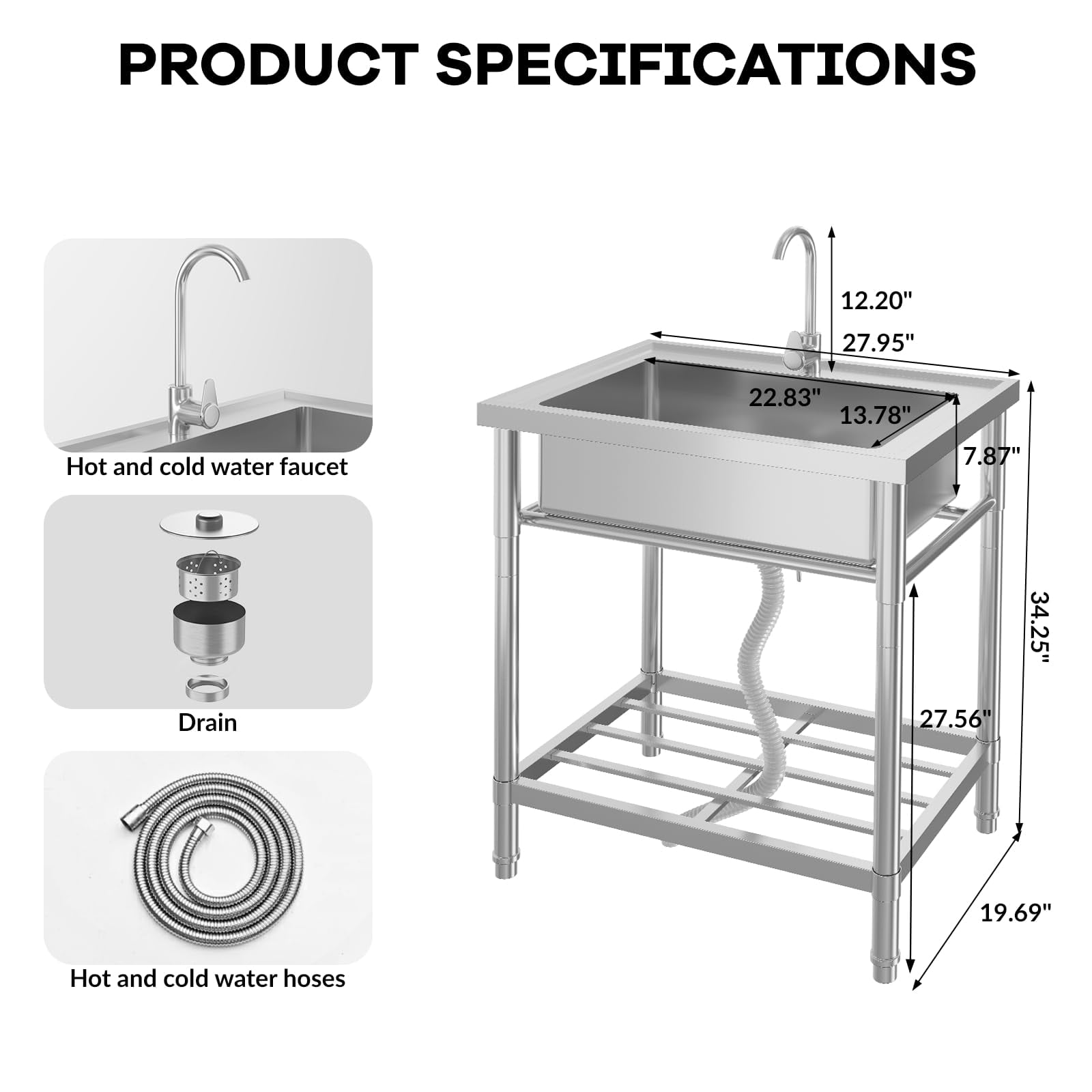 Utility Sink, Freestanding Single Bowl Laundry Sink with Hot and Cold Water, Stainless Steel Sink with Storage Shelf for Kitchen and Bathroom