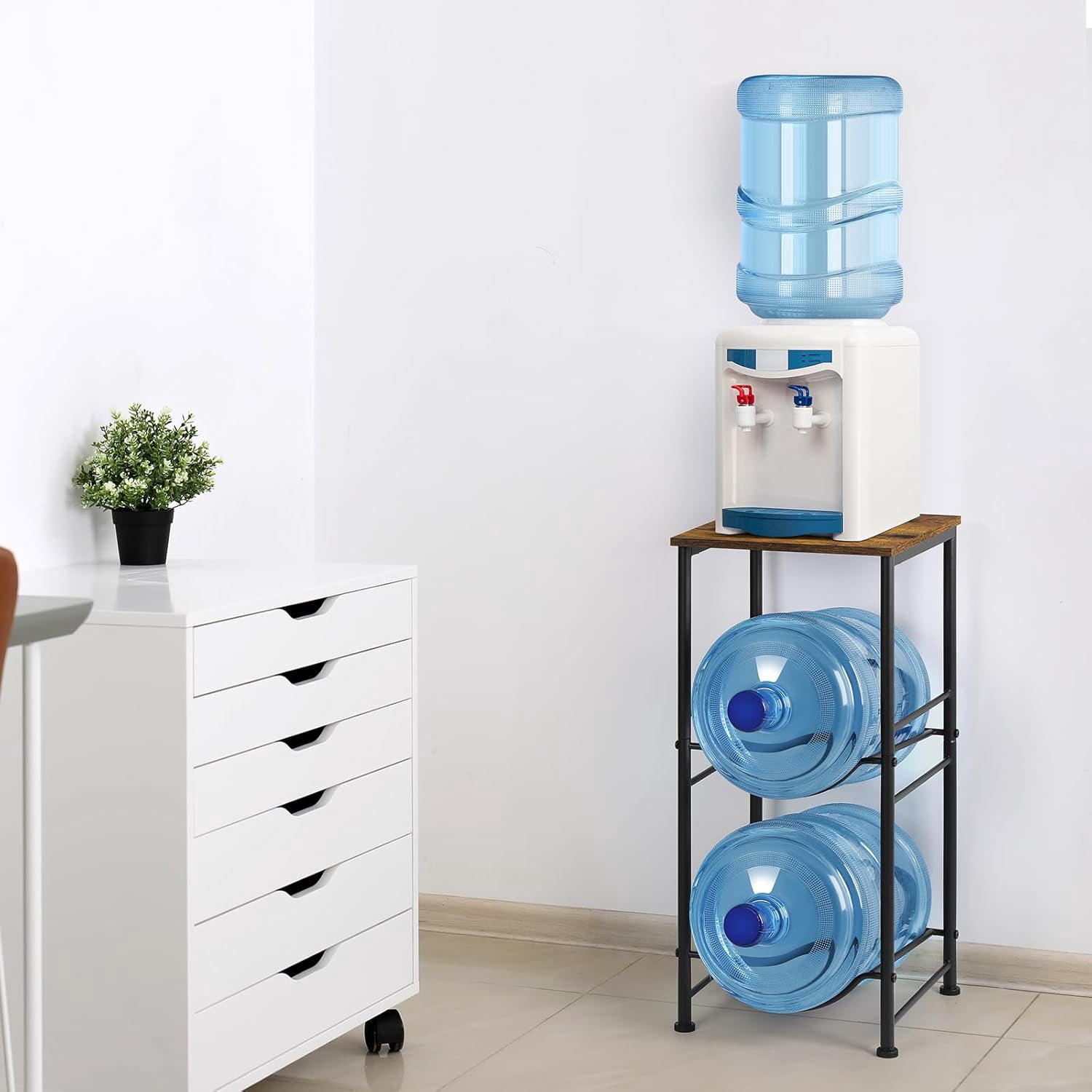 Water Bottle Holder Organizer 5 Gallon Water Jug Holder with Top Shelves 2 Tier Water Cooler Jug Storage Rack Heavy Duty Water Dispenser Stand for 5 Gallon Bottle Kitchen Office Living Room Brown
