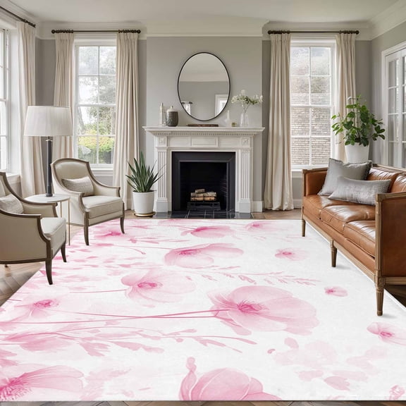 8'x10' Area Rugs, Pink Spring Floral Indoor Outdoor Area Rug for Living Room Bedroom, Summer Botanical Watercolor Vintage Washable Bathroom Rugs Kitchen Floor Carpet Mats Home Decor Aesthetic