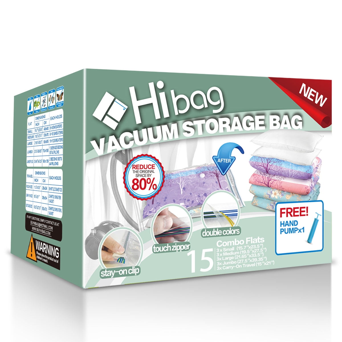 Hibag 15 Pack Vacuum Compression Storage Bags with Hand Pump (3 Small