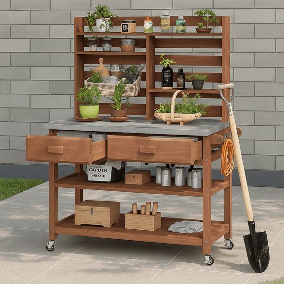 K&K 64.9"H Outdoor Potting Bench Table with Lockable Wheels, Solid Wood Outdoor Kitchen Island with Upper Hutch, Stainless Steel Top, Towel Rack ,Outdoor Storage for Grilling,
